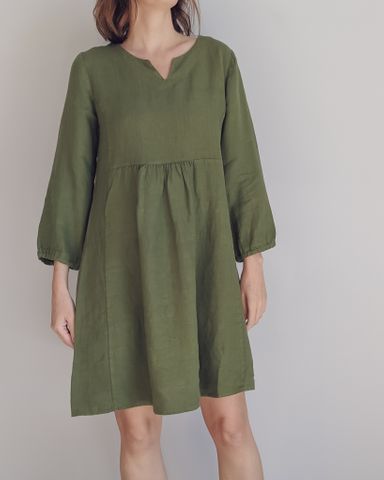 Isabella Linen Dress in Moss